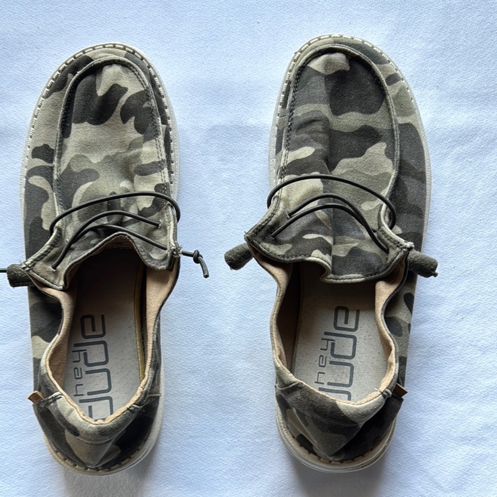 Hey Dude Wendys Womens Green and Black Slip-On Loafers with Camouflage Design